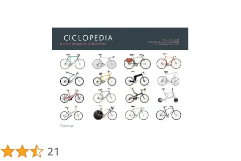 Książka "Ciclopedia" prezentuje ikony i design roweru po włosku. Wiele różnych modeli rowerów, od klasycznych po nowoczesne, ułożonych w siatce.