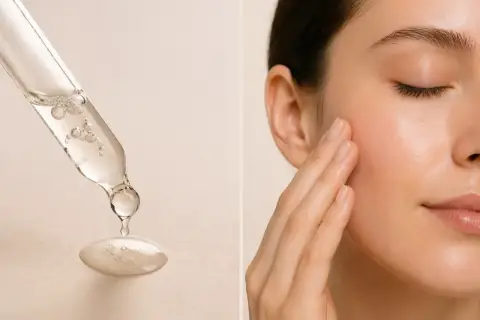 Goutte d'un sérum à la vitamine B3 sur une pipette, appliquée sur une peau radieuse.