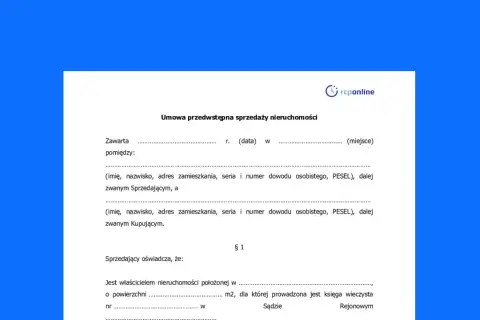 Umowa przedwstępna sprzedaży nieruchomości zawiera dane sprzedającego i kupującego, a także informacje o nieruchomości.