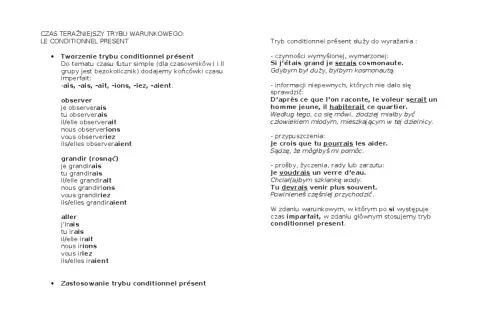 Fragment tekstu po francusku i polsku o tworzeniu i zastosowaniu trybu warunkowego (conditionnel présent).