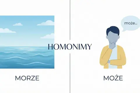 Obrazek ilustruje homonimy: "morze" (woda) i "może" (przypuszczenie).