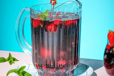 Un pichet de sangria maison pétillante, rempli de fruits rouges et de menthe, prêt à rafraîchir.