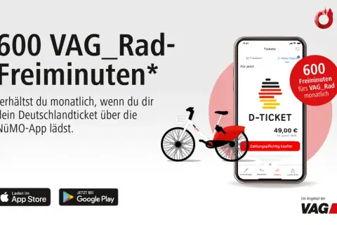 600 Freiminuten für VAG_Rad monatlich, wenn dein Deutschlandticket in der NüMO-App ist.
