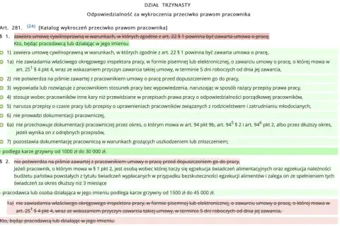 Fragment tekstu prawnego dotyczący odpowiedzialności pracodawcy za wykroczenia przeciwko prawom pracownika.