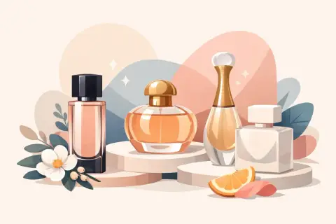 Eleganckie flakony perfum, każdy z własnym esprit, otoczone delikatnymi kwiatami i owocami.