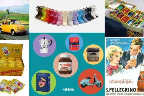 Un collage di foto iconiche italiane: Fiat 500, stivali colorati, moka, Nutella, Vespa, macchine da scrivere, figurine, pasta Barilla e S.Pellegrino.