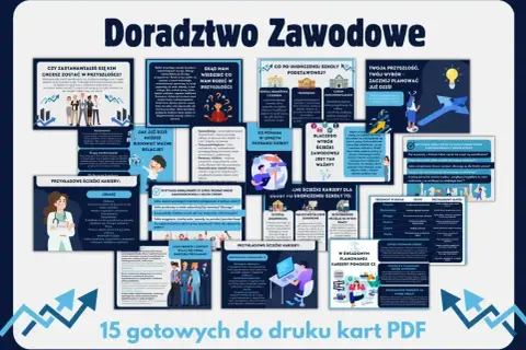 Ilustracja przedstawia kolaż grafik i tekstu na temat doradztwa zawodowego.