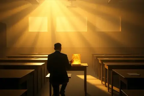 Mężczyzna w garniturze siedzi w pustej sali lekcyjnej, przed nim świecąca księga. Może to symbolizować przygotowanie do ważnego egzaminu.