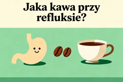 Uśmiechnięty żołądek, ziarna kawy i filiżanka. Czy można pić kawę przy refluksie? Dowiedz się, jaka kawa jest najlepsza.