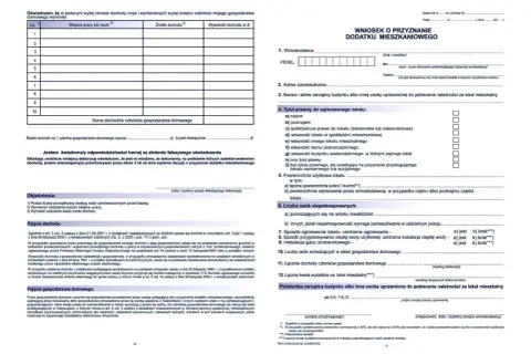 Wniosek o przyznanie dodatku mieszkaniowego. Formularz zawiera dane wnioskodawcy, adres, tytuł prawny do lokalu, dochody i wydatki.