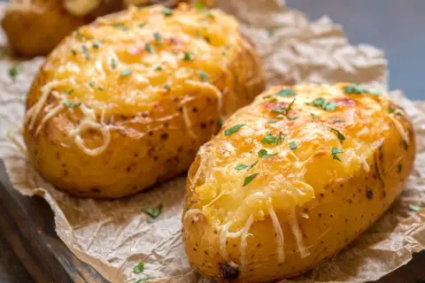 Patatas panaderas doradas y gratinadas con queso, espolvoreadas con perejil fresco.