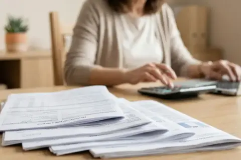 Kobieta liczy na kalkulatorze i pisze na laptopie, analizując dokumenty. Czy to podsumowanie, ile zarabia nauczyciel w przedszkolu?