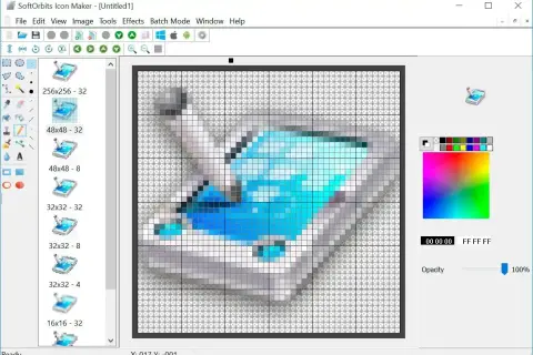 Program do tworzenia ikon, gdzie na siatce pikseli powstaje grafika przypominająca tablet z niebieskim ekranem. Widać różne rozmiary ikon do wyboru.