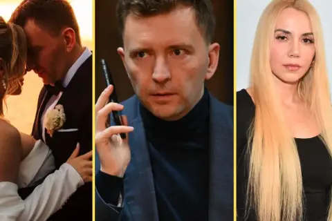 Łukasz Schreiber z pierwszą żoną na ślubnym kobiercu, w środku z telefonem, obok blondynka.
