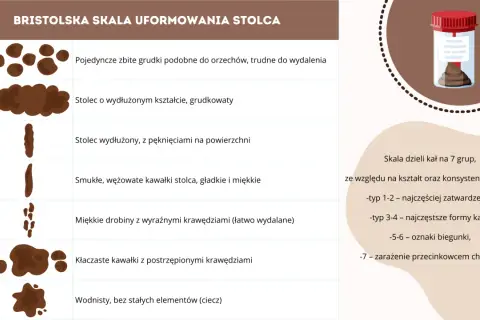 Bristolską skalą uformowania stolca opisano 7 typów, od twardych grudek (zatwardzenie) po wodnisty (biegunka).