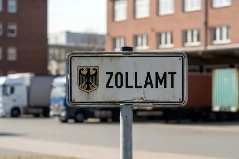 Tablica "ZOLLAMT" z godłem Niemiec. W tle ciężarówki i kontenery, pokazujące jak wygląda odprawa celna.