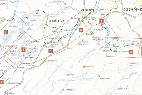 Mapa okolic **Skorzewo** z zaznaczonymi jeziorami, rzekami i miejscowościami. Widoczne są numery obszarów: 1, 2, 3, 4, 5, 6, 7, 8, 9.