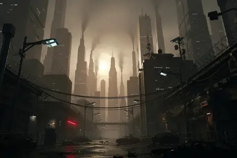 Mroczne miasto, dymiące wieżowce, druty kolczaste i zniszczone samochody. Wizja przyszłości, która ukazuje różnicę między dystopią a postapokalipsą w scenariuszach przyszłości.