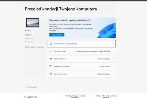 Sprawdzenie kondycji komputera pod kątem wymagań Windows 11. Widok zawiera informacje o sprzęcie i stanie systemu.
