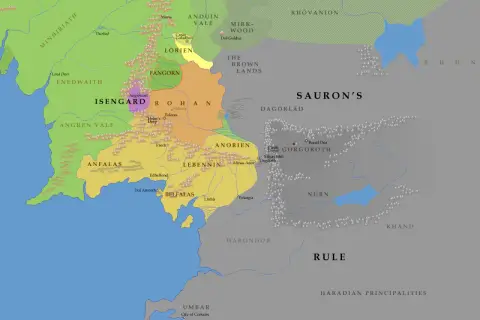 Mapa Śródziemia: gdzie był Gondor? Widzimy tu krainy takie jak Rohan, Mordor, Numenor, a także miasta jak Minas Tirith.