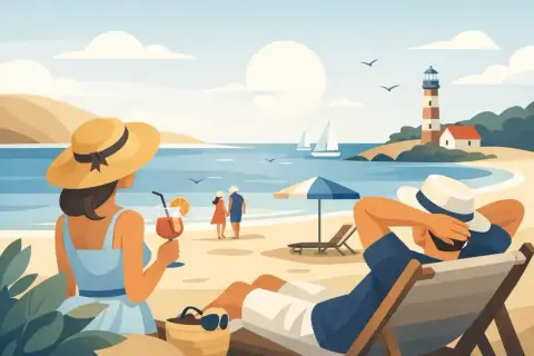 Relaks na plaży w Łebie, idealne łeba atrakcje dla dorosłych. Para spaceruje, ktoś pije drinka, a ktoś inny odpoczywa na leżaku.
