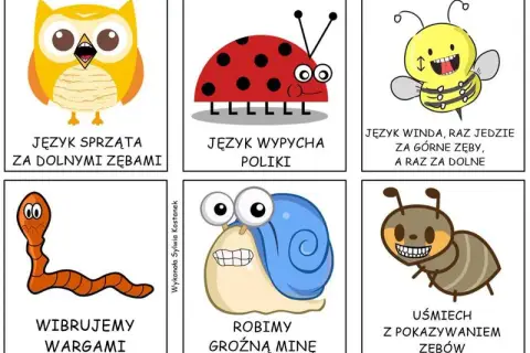 Zestaw kart do ćwiczeń logopedycznych: sowa czyści zęby, biedronka wypycha policzki, pszczoła jeździ językiem, dżdżownica wibruje wargami, ślimak robi groźną minę, mrówka uśmiecha się z zębami.