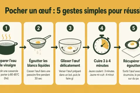 Étapes pour pocher un œuf : eau frémissante, égouttage des blancs, glisser délicatement l'œuf, cuisson 3-4 min, puis égoutter.