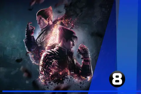 Dwóch wojowników z gry Tekken, Jin Kazama i Kazuya Mishima, otoczonych płomieniami i mroczną energią.