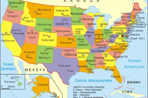 Kolorowa mapa Stanów Zjednoczonych z zaznaczonymi granicami stanów, stolicami i nazwami.