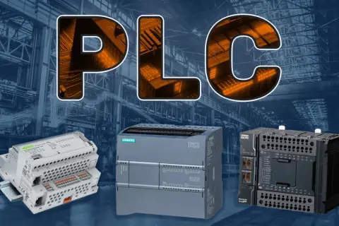 Trzy sterowniki PLC: WAGO, Siemens i Omron, na tle przemysłowej hali. Budowa sterownika PLC to klucz do automatyzacji.