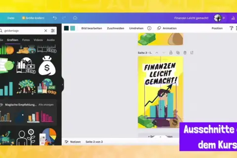 Canva-Design mit Finanz-Grafiken. Suche nach "geldanlage" für Inspiration, um "Finanzen leicht gemacht!" zu gestalten.