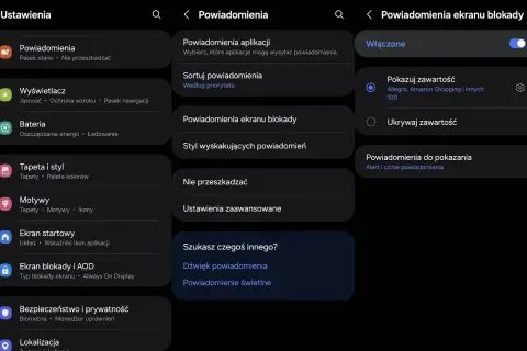 Ustawienia telefonu, sekcja powiadomienia. Widzimy opcje jak wyłączyć powiadomienia, sortowanie, powiadomienia na ekranie blokady.