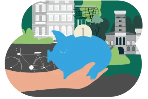 Eine blaue Sparschwein auf einer Hand, mit einer Münze drin. Im Hintergrund sind Gebäude und ein Fahrrad zu sehen. Dies symbolisiert die Kurkarte Binz.