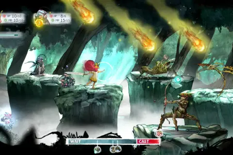 Postacie w tym jrpg walczą z potworami w lesie, spadają meteoryty.