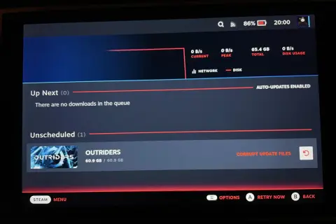 Steam: gra Outriders ma uszkodzone pliki aktualizacji. Brak pobrań w kolejce, ale jedna gra czeka na ponowną próbę.