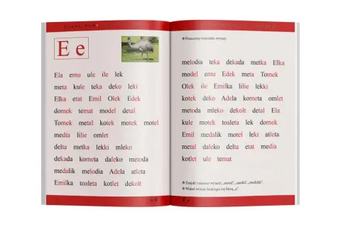 Strona z podręcznika z literą "E", zdjęciem emu i listą słów do nauki.