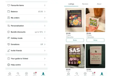 Profil Vinted z listą ofert i opcjami, jak "Ulubione", "Moje zamówienia" i "Centrum pomocy". Zgodnie z **vinted regulamin**, użytkownicy mogą przeglądać przedmioty.