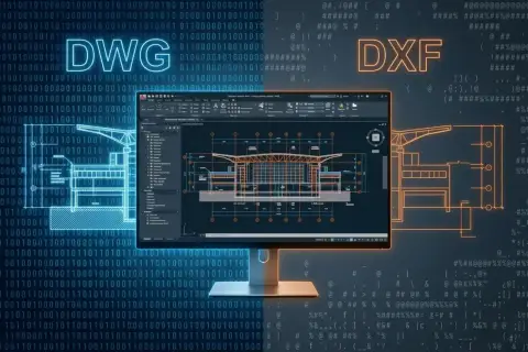 DWG i DXF – formaty plików CAD. Na ekranie monitora widać projekt architektoniczny, a tło tworzy kod binarny i symbole.
