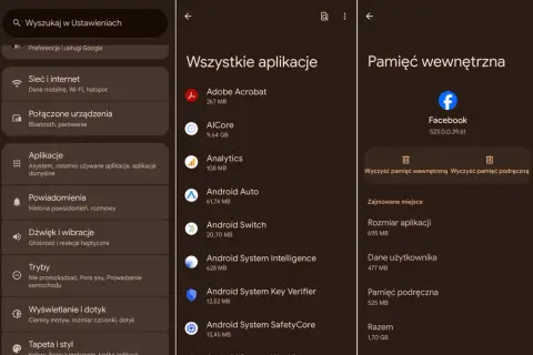 Ekran telefonu z opcjami jak wyczyścić pamięć podręczną w telefonie. Widoczne opcje "Wyczyść pamięć wewnętrzną" i "Wyczyść pamięć podręczną".