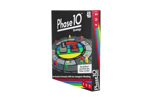 Pudełko gry planszowej "Phase 10 Strategy" z kolorową planszą i pionkami. Gra strategiczna, idealna na fazę 10 zabawy.