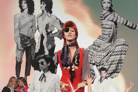 Estilo de los años 70: collage de moda con David Bowie, John Travolta y modelos con atuendos icónicos de la época.