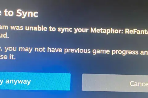 Ostrzeżenie: Steam nie mógł zsynchronizować zapisów gry Metaphor: ReFantazio z chmurą Steam. Może to oznaczać utratę postępów.
