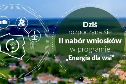 Grafika informuje o II naborze wniosków w programie „Energia dla wsi”. Widoczne ikony symbolizują odnawialne źródła energii, wspierające rozwój obszarów wiejskich.