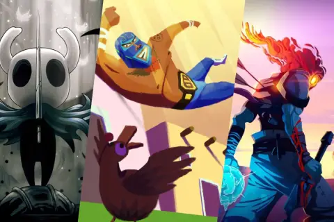 Triumwirat gier typu metroidvania: Bezimienny z Hollow Knight, zapaśnik z Guacamelee! i Płomienny z Dead Cells.