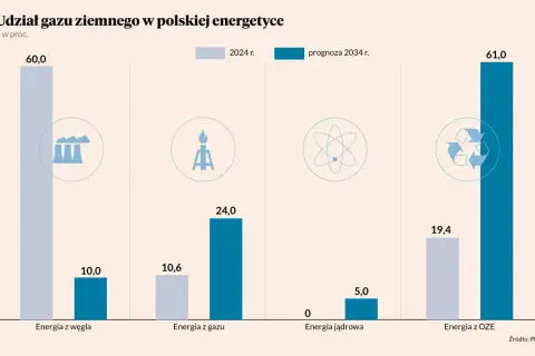 Wykres pokazuje, ile gazu zużywa Polska w energetyce. Prognoza na 2034 r. przewiduje wzrost zużycia gazu.