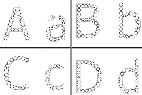 Litery A, a, B, b, C, c, D, d obrysowane kółkami.