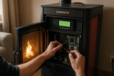 Mainteneur travaillant sur la carte mère d'un poêle à granulés, peut-être pour résoudre un code erreur poêle à granulés. Flammes visibles dans le foyer.