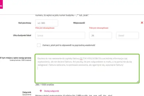 Formularz Tauron reklamacje: opis problemu z fakturą, brak możliwości zalogowania na portal.