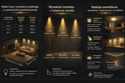 Wybierając oświetlenie, warto wiedzieć, czy 1500 lumenów to dużo. Tabela pokazuje, że dla 10 m² potrzeba 1500 lm. Wysokość montażu wpływa na natężenie światła.