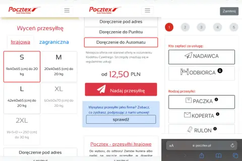 Na stronie Pocztex.pl sprawdzam, czy pocztex dostarcza w soboty. Wybieram opcję "Doręczenie do Automatu" dla przesyłki krajowej.